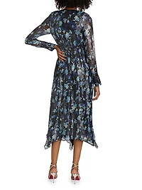 Tatia Floral Metallic Silk Twist Midi-Dress