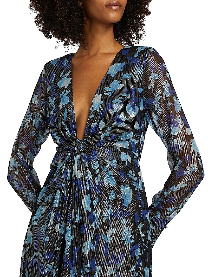 Tatia Floral Metallic Silk Twist Midi-Dress