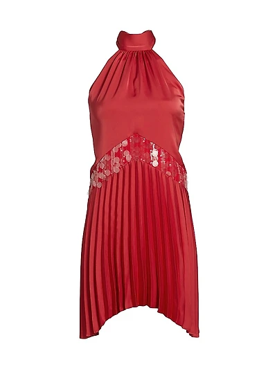 Marcia Sequin-Embellished Pleated Halterneck Minidress
