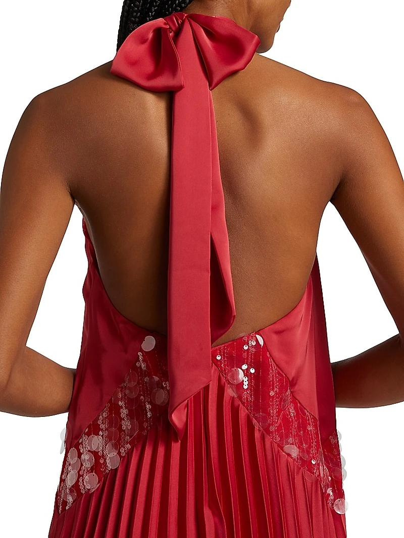 Marcia Sequin-Embellished Pleated Halterneck Minidress