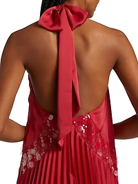 Marcia Sequin-Embellished Pleated Halterneck Minidress