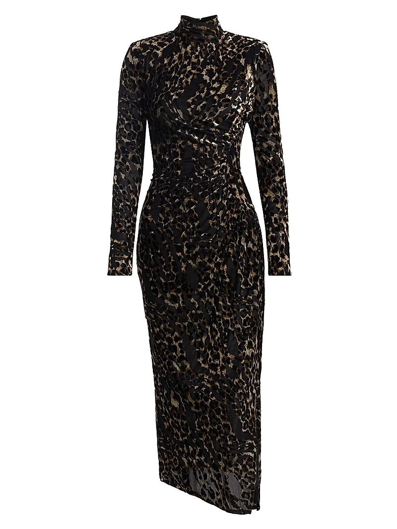 Eveline Leopard Velvet Long-Sleeve Midi-Dress