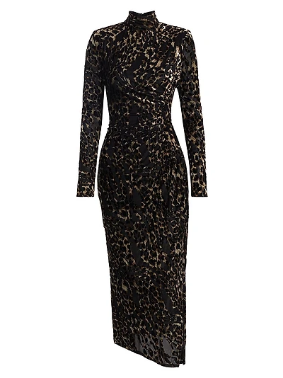 Eveline Leopard Velvet Long-Sleeve Midi-Dress