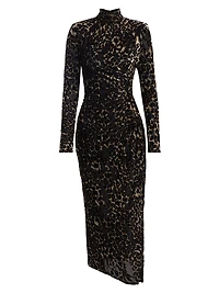 Eveline Leopard Velvet Long-Sleeve Midi-Dress