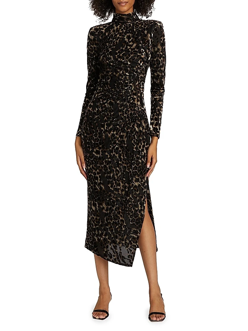 Eveline Leopard Velvet Long-Sleeve Midi-Dress