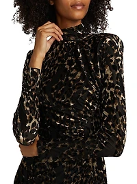 Eveline Leopard Velvet Long-Sleeve Midi-Dress