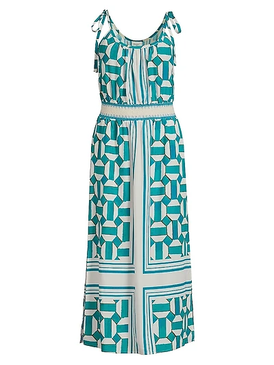 Geometric Blouson Tie-Strap Midi-Dress