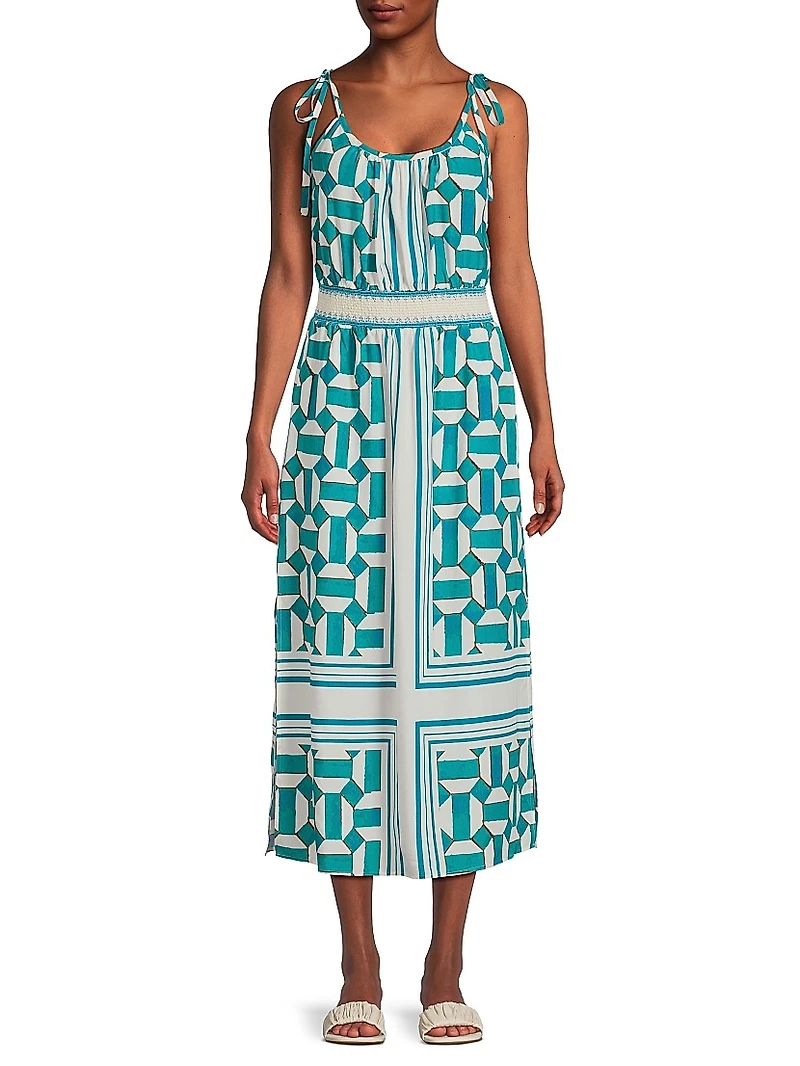 Geometric Blouson Tie-Strap Midi-Dress