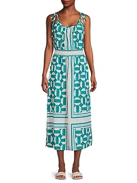 Geometric Blouson Tie-Strap Midi-Dress