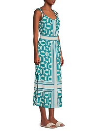 Geometric Blouson Tie-Strap Midi-Dress