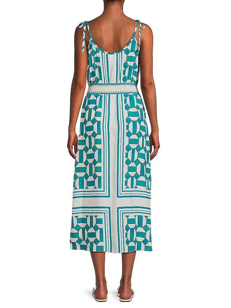 Geometric Blouson Tie-Strap Midi-Dress