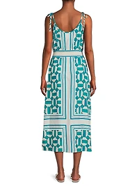 Geometric Blouson Tie-Strap Midi-Dress