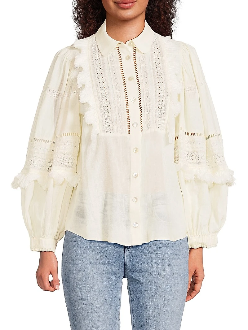 Bibbed Linen Ruffle Shirt
