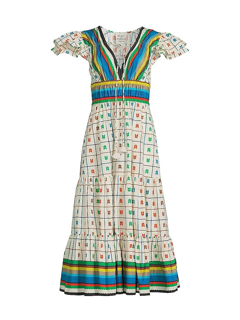 Stripe & Check Tiered Peasant Dress