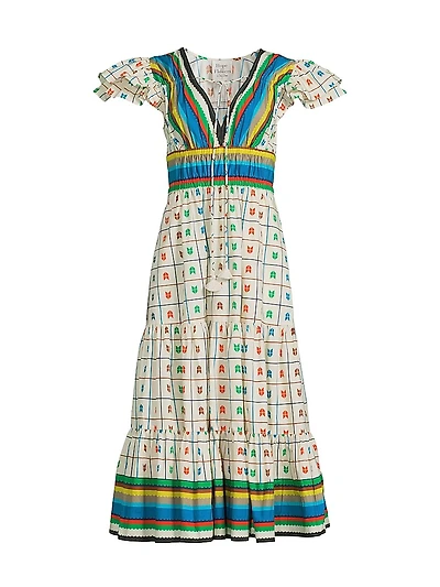 Stripe & Check Tiered Peasant Dress