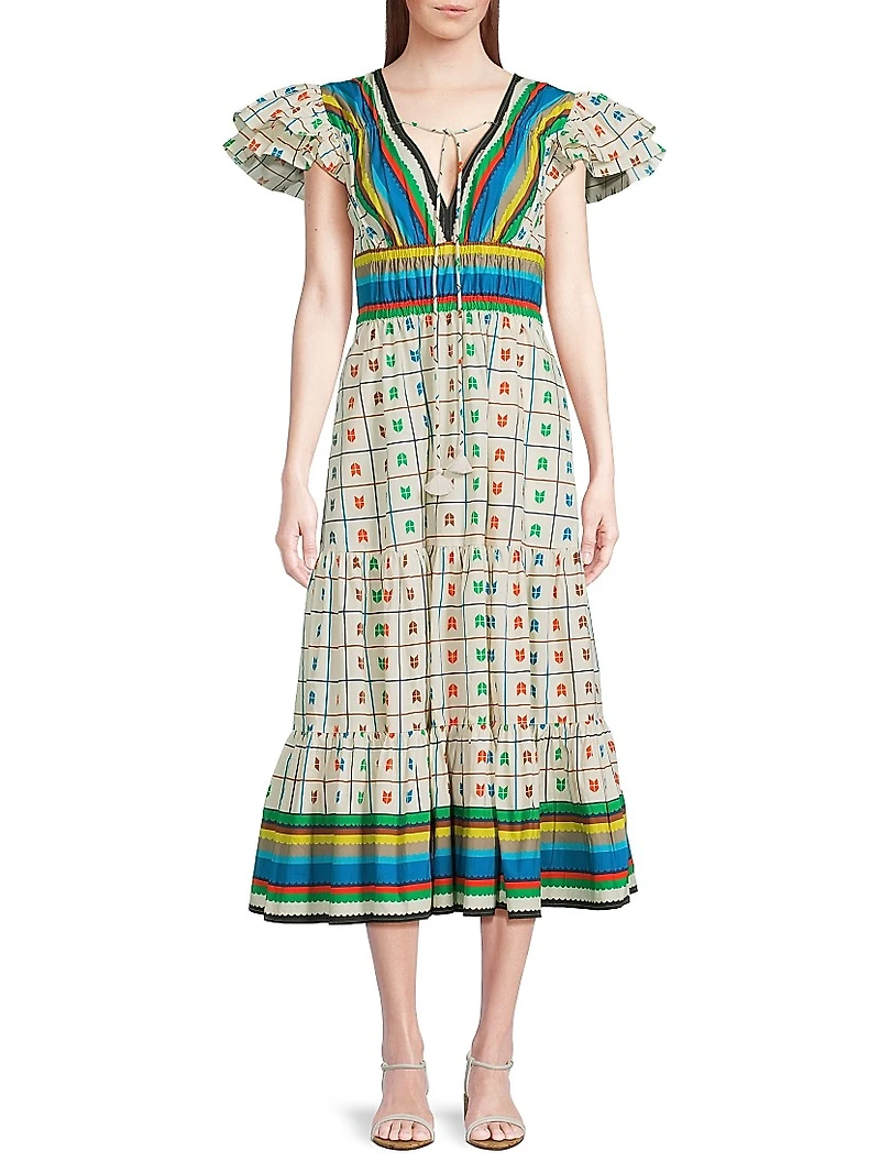 Stripe & Check Tiered Peasant Dress