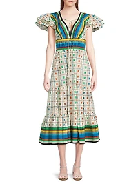 Stripe & Check Tiered Peasant Dress