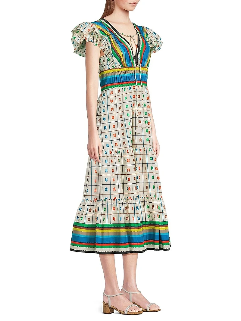 Stripe & Check Tiered Peasant Dress