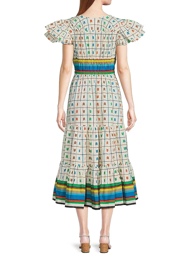 Stripe & Check Tiered Peasant Dress