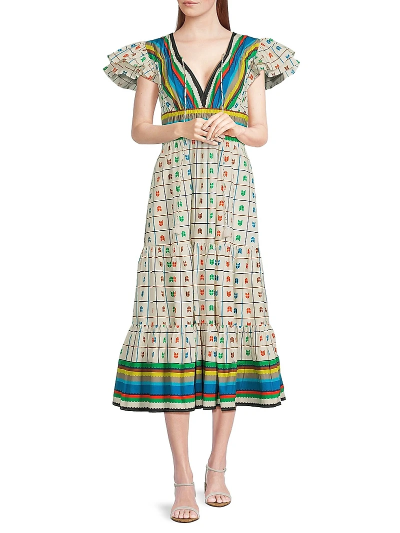 Stripe & Check Tiered Peasant Dress