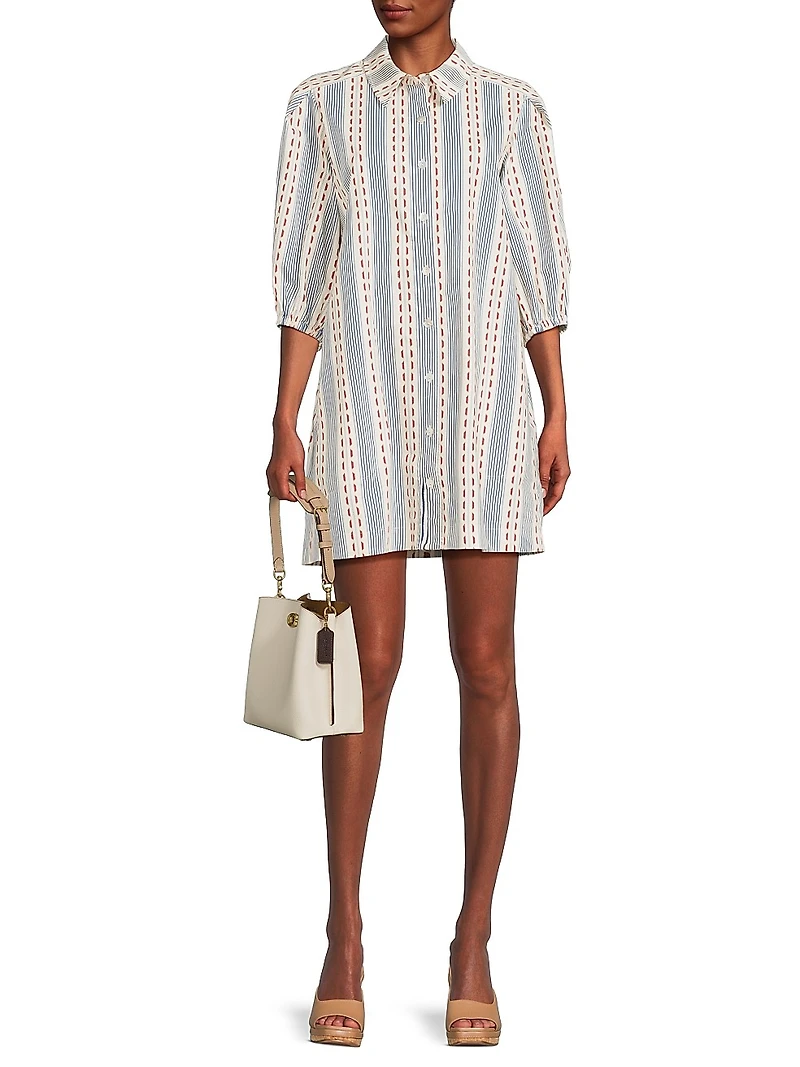 Dash Stripe Tucked Sleeve Mini-Shirtdress