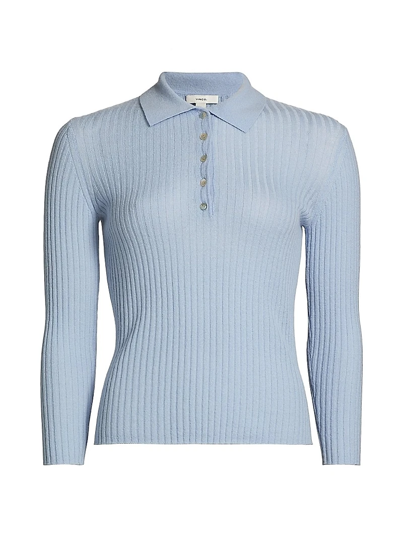 Cashmere-Silk Rib-Knit Polo Top