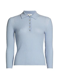Cashmere-Silk Rib-Knit Polo Top