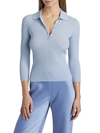 Cashmere-Silk Rib-Knit Polo Top