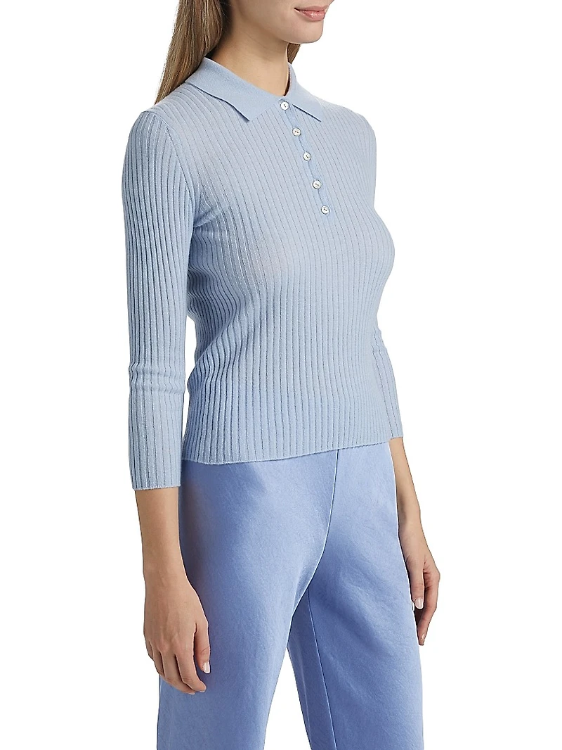 Cashmere-Silk Rib-Knit Polo Top