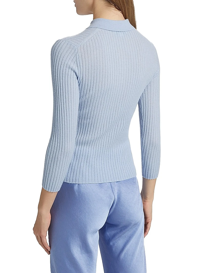 Cashmere-Silk Rib-Knit Polo Top