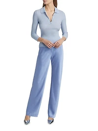 Cashmere-Silk Rib-Knit Polo Top
