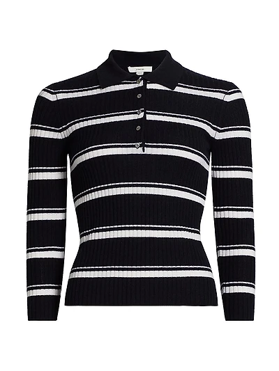 Cashmere-Silk Striped Polo Top