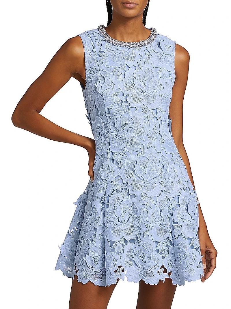 Crystal-Embellished Floral Lace Minidress