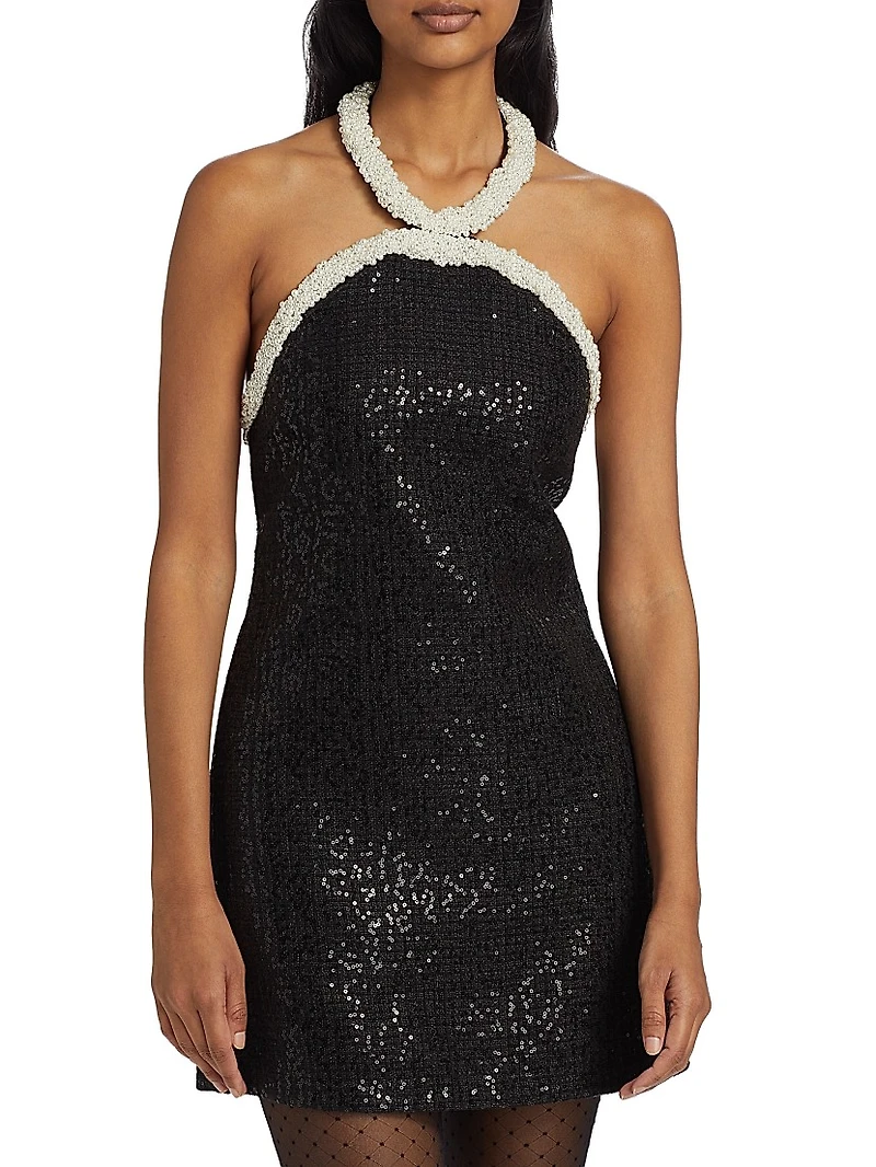 Faux-Pearl-Trim Sequined Bouclé Minidress