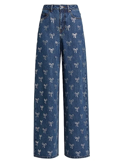 Rhinestone Bow High-Rise Straight-Leg Jeans