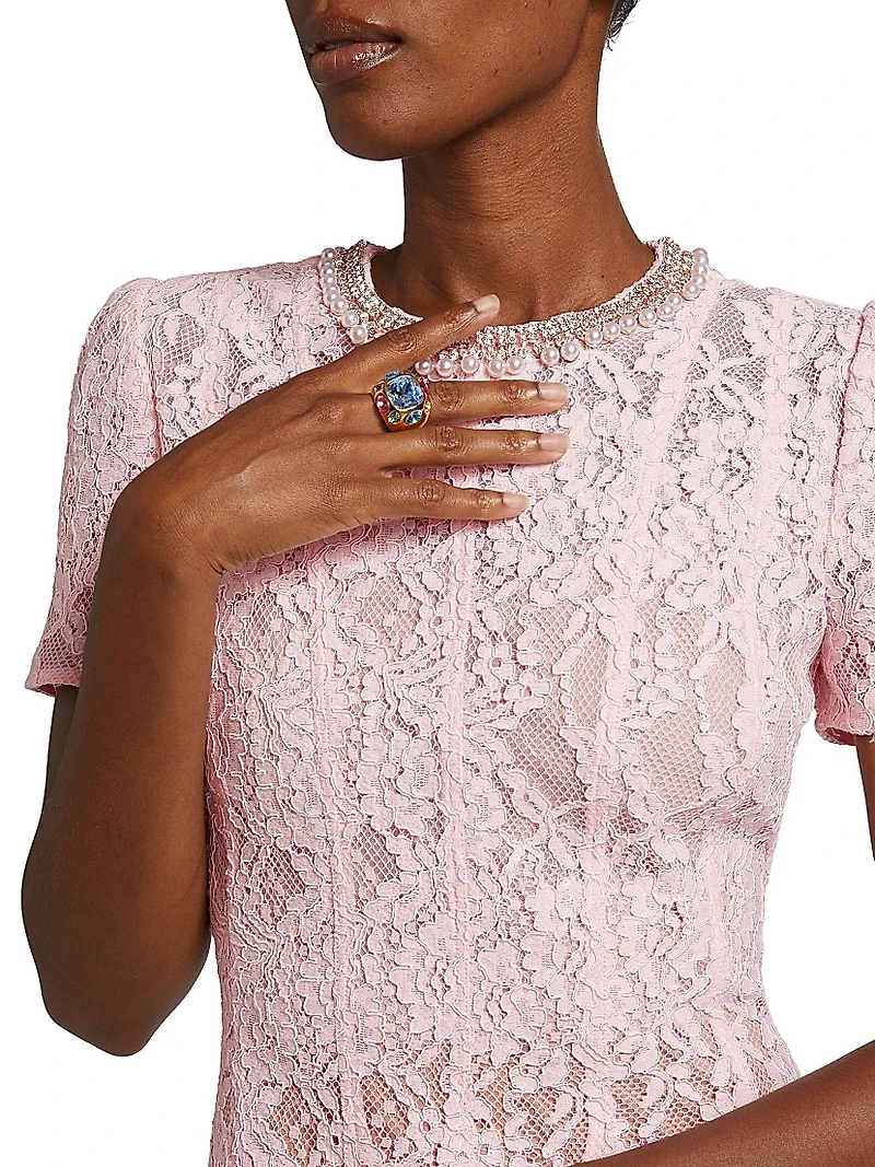 Sequined Floral Lace Midi-Dress