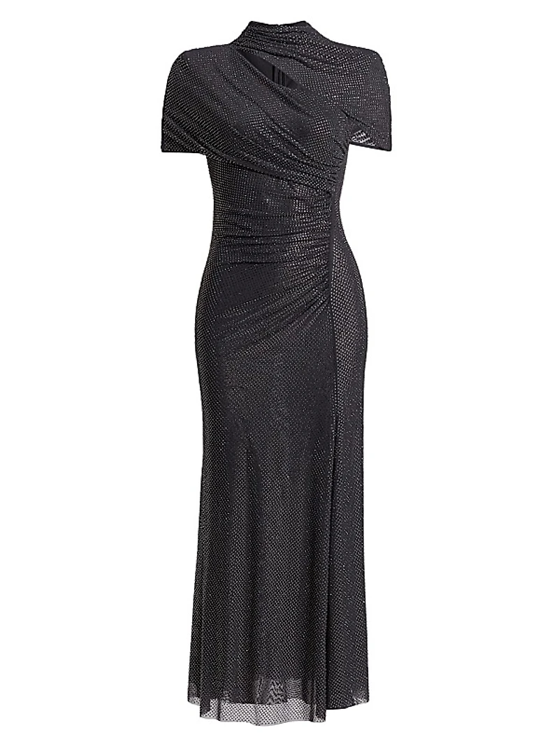 Crystal-Embellished Gathered Mesh Midi-Dress