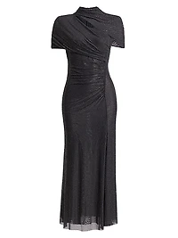 Crystal-Embellished Gathered Mesh Midi-Dress