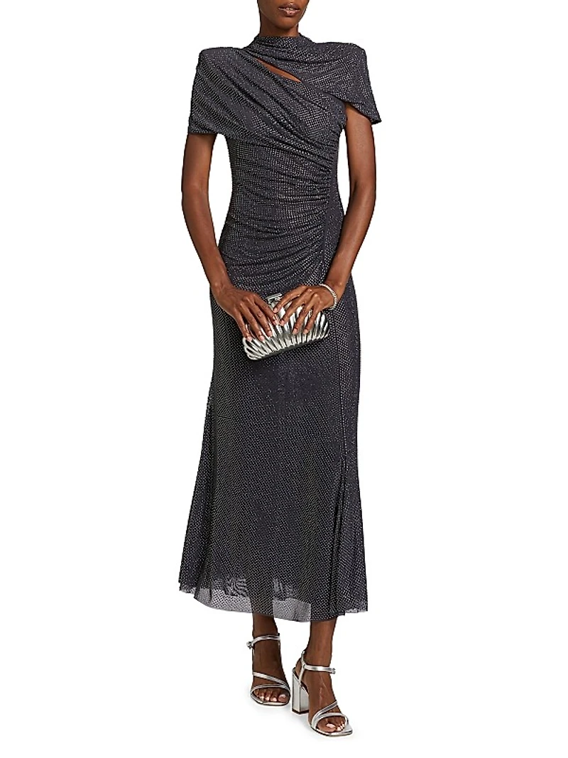 Crystal-Embellished Gathered Mesh Midi-Dress