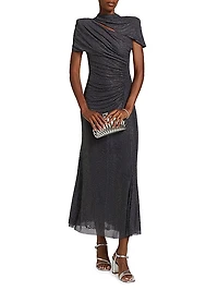 Crystal-Embellished Gathered Mesh Midi-Dress