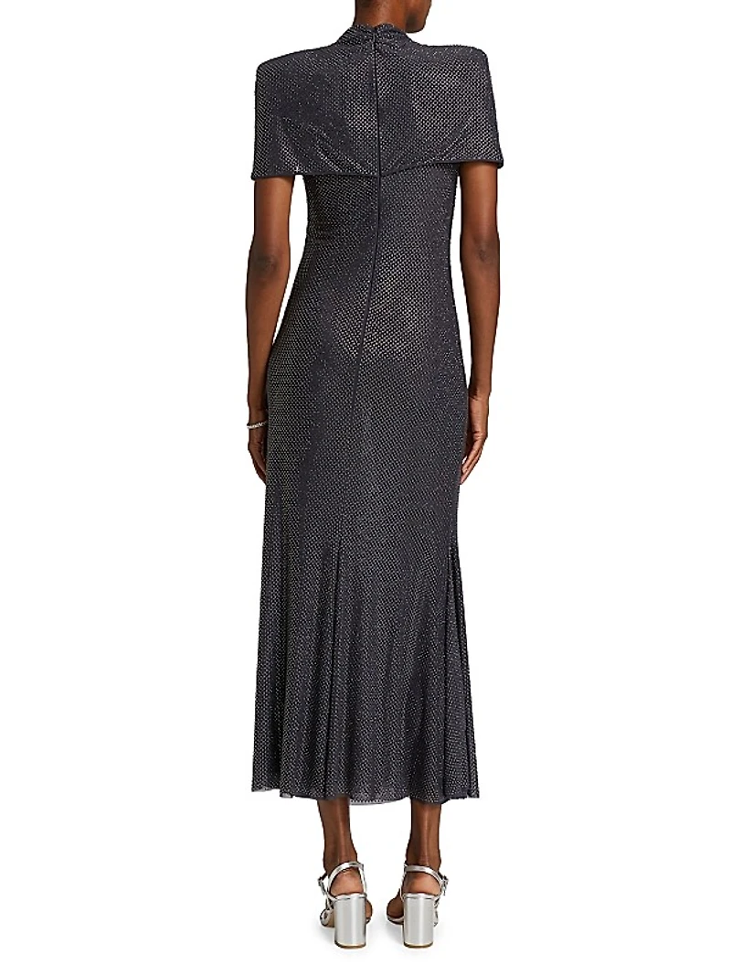 Crystal-Embellished Gathered Mesh Midi-Dress