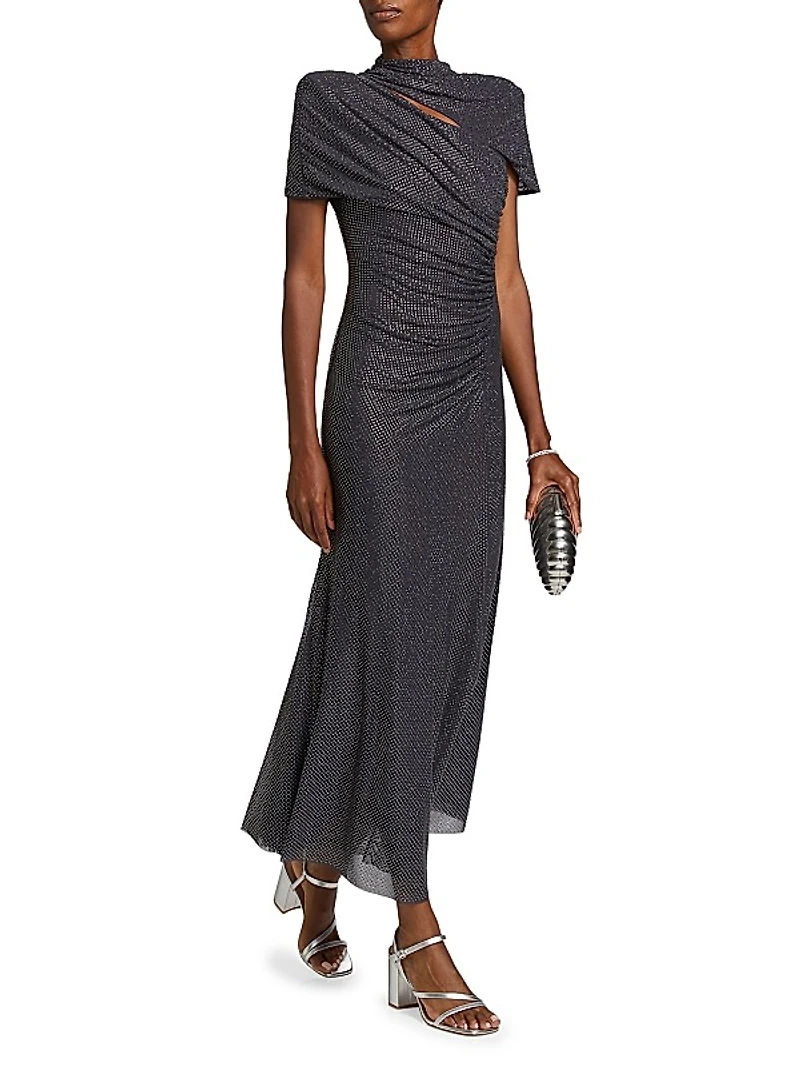 Crystal-Embellished Gathered Mesh Midi-Dress