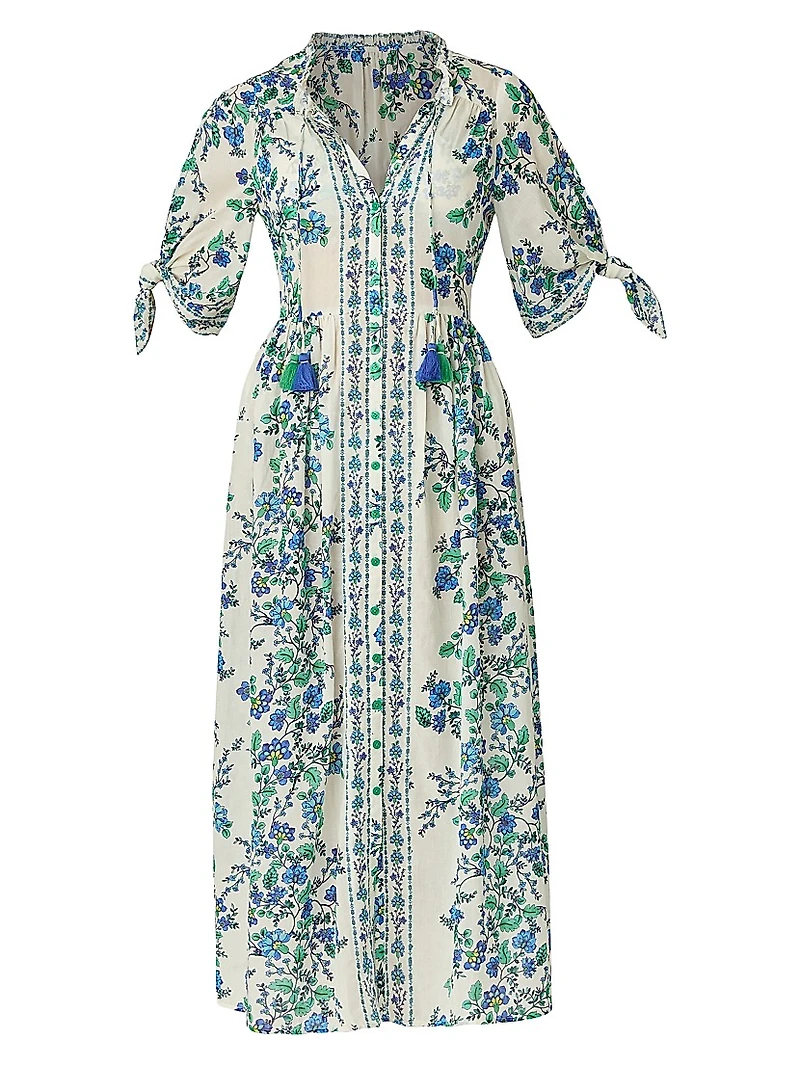 Floral Cotton Tie-Sleeve Midi-Shirtdress
