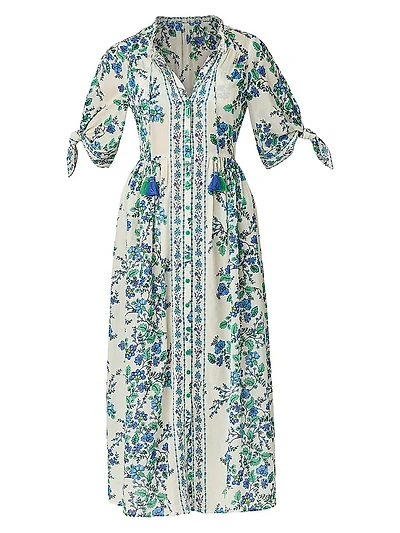 Floral Cotton Tie-Sleeve Midi-Shirtdress