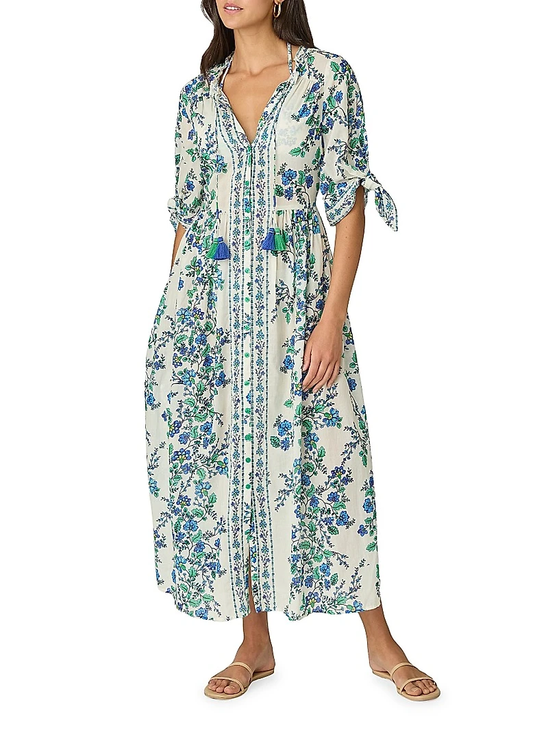 Floral Cotton Tie-Sleeve Midi-Shirtdress