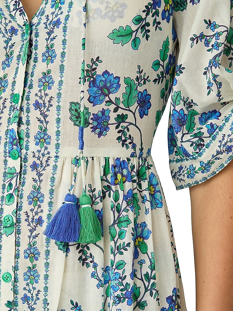 Floral Cotton Tie-Sleeve Midi-Shirtdress