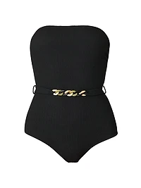 Belted Rib-Knit One-Piece Swimsuit