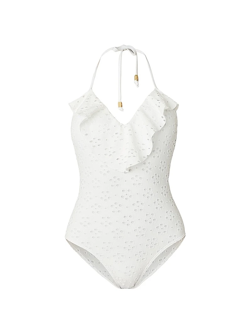 Ruffle Maillot V-Halterneck One-Piece Swimsuit