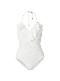 Ruffle Maillot V-Halterneck One-Piece Swimsuit