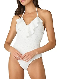 Ruffle Maillot V-Halterneck One-Piece Swimsuit